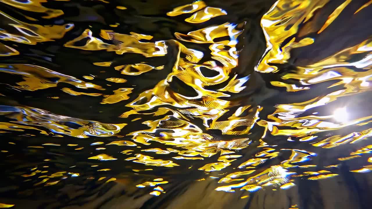 Video astratto di riflessi dorati e scintillanti sull'acqua, ripreso da una bassa angolazione