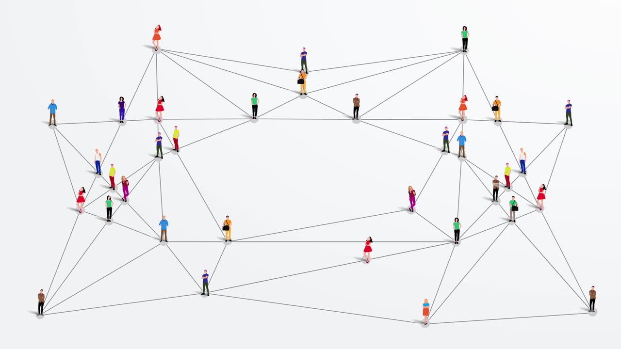 Animation of lines and dots connecting people. Global network connections and social networking concept. 4K Motion Design Video.