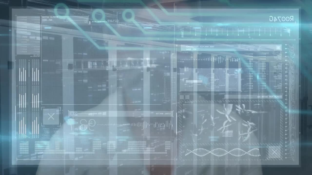 animación de una mujer caucásica usando pantalla táctil sobre diversos datos y servidores en segundo plano