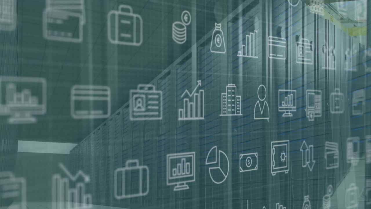 animación de iconos de negocios sobre la sala del servidor