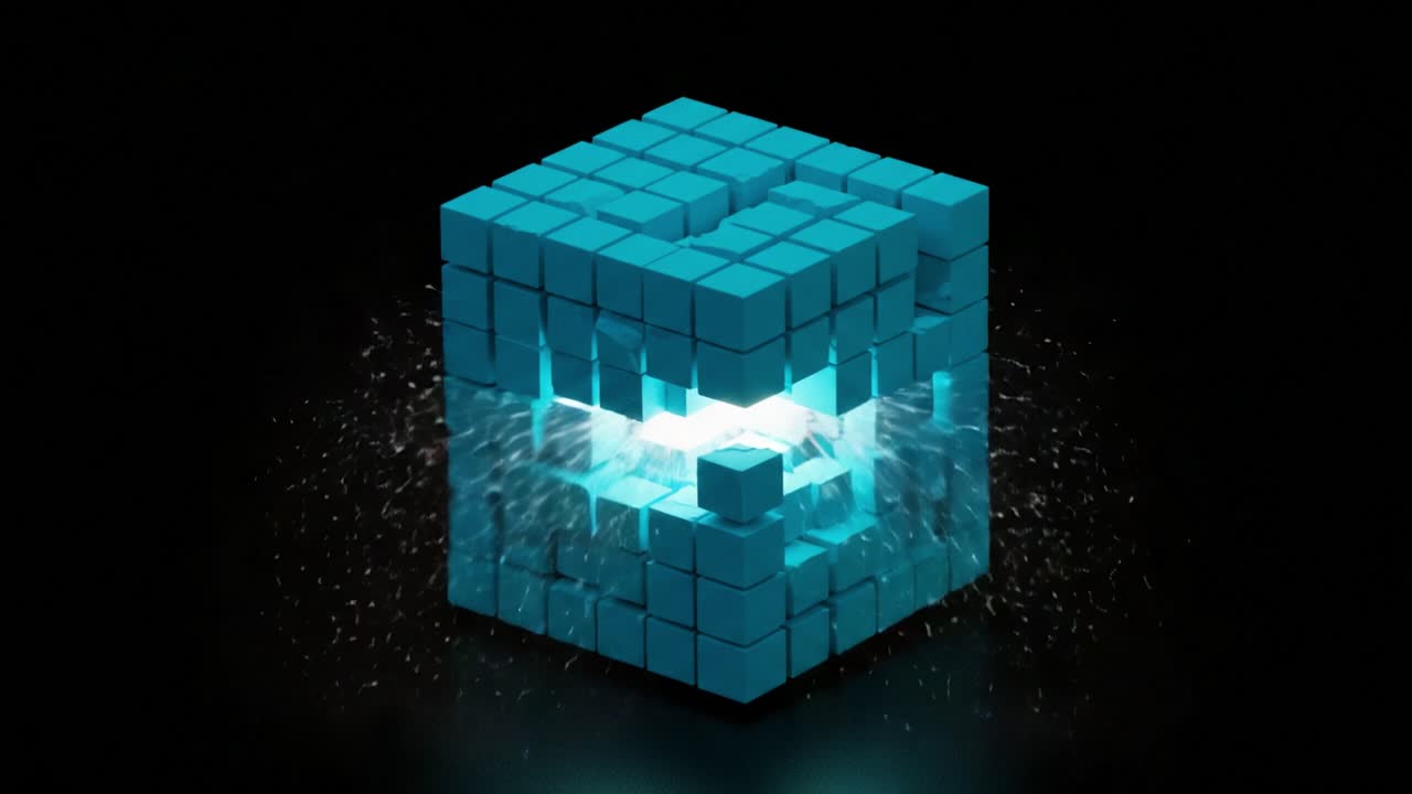 A Dynamic Glowing Cube Erupts with Light and Sparks, Showcasing an Electrifying Display of Modern 3D Design and Visual Effects in an Abstract Context