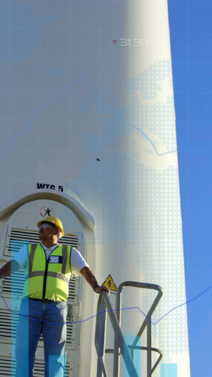 Animazione di elaborazione dati finanziari su ingegnere caucasico e turbina eolica