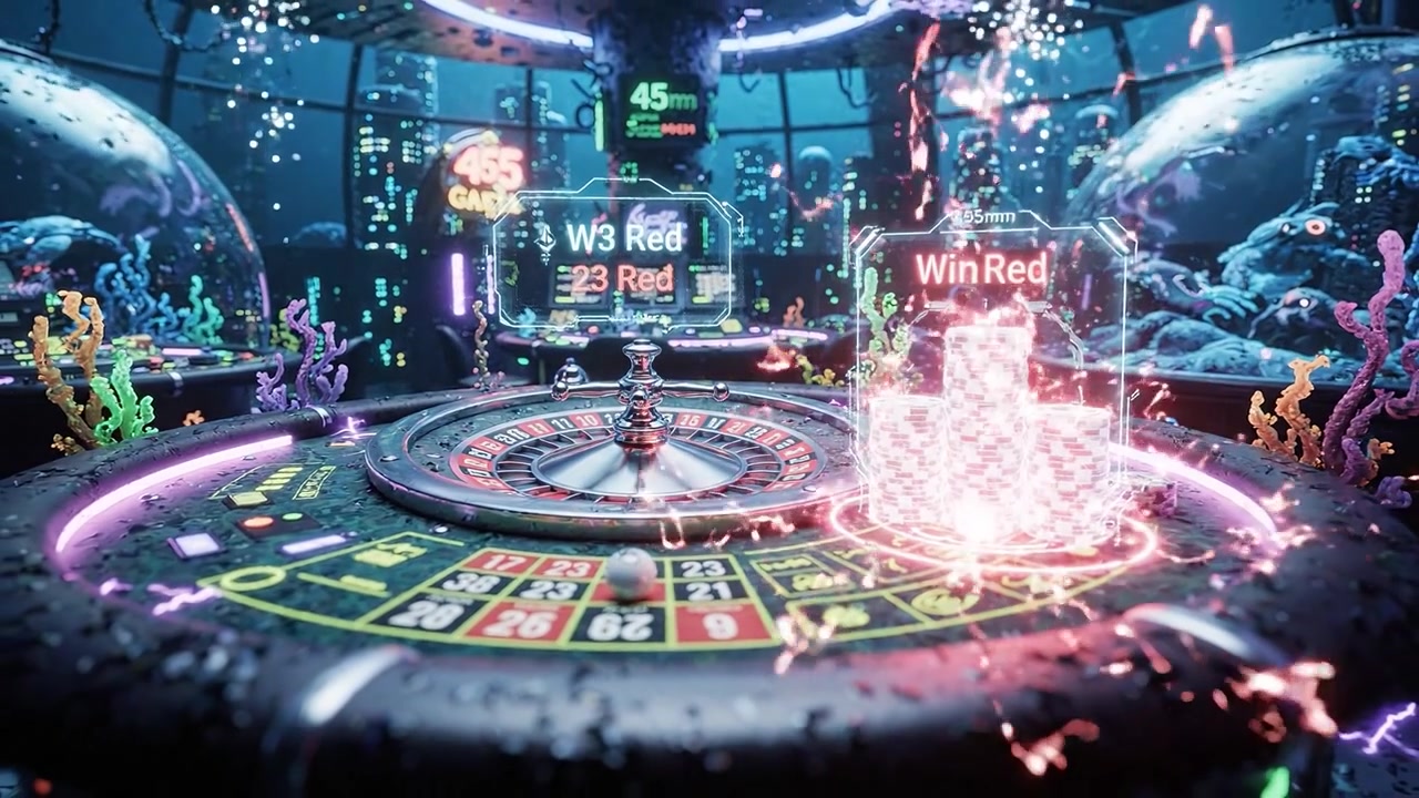 Casinò sottomarino: un'esperienza immersiva con illuminazione al neon, coralli vivaci e una ruota della roulette circondata da un'atmosfera di gioco accattivante