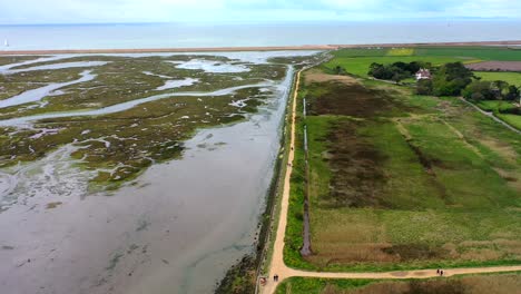 Drone-panning-over-a-seaside-path-in-the-New-Forest,-Hampshire,-UK