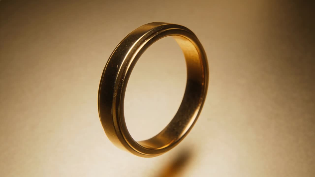 Penyangga tersembunyi membebaskan cincin emas yang berputar, miring, dan menurun di atas latar belakang studio, memperlihatkan lingkarannya.