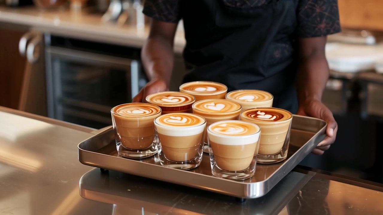 Barista in grembiule che tiene un vassoio in acciaio inossidabile, si muove al bancone del bar dopo aver versato, posizionando nove bicchieri di vetro