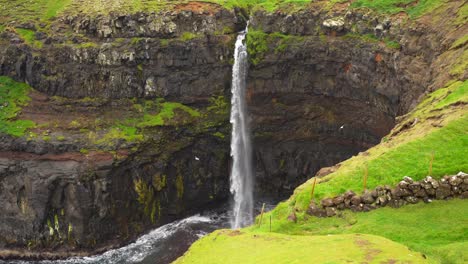 Primer-Plano-De-La-Cascada-Mulafossur-Con-Gaviotas-Volando-Alrededor,-Islas-Feroe