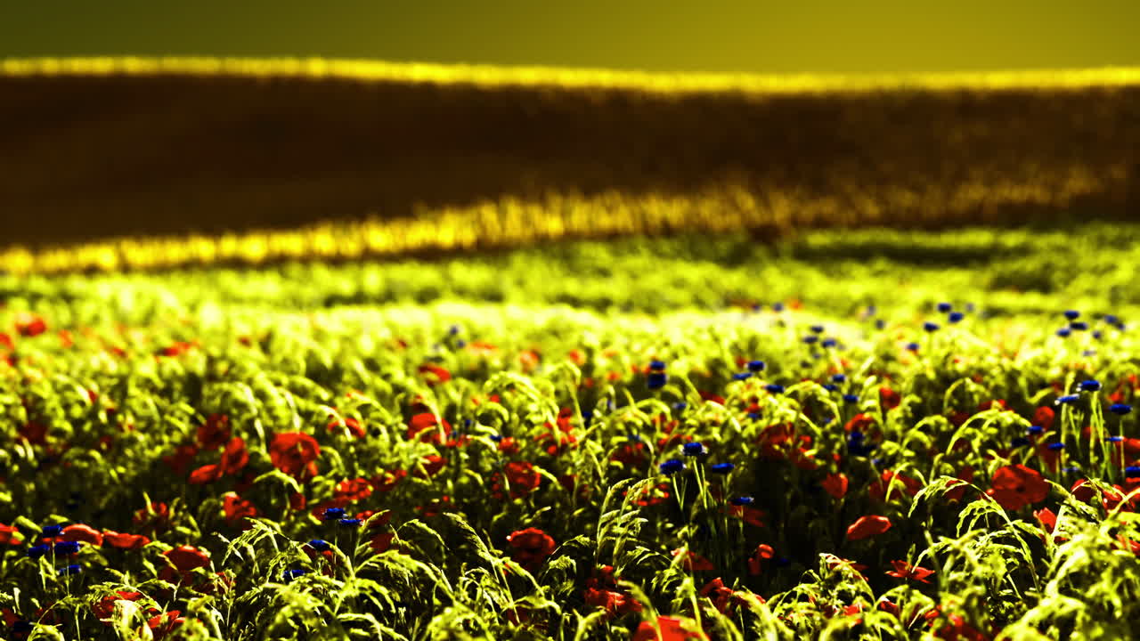Brilliant wildflowers bloom under a golden sunset in the countryside fields