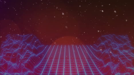 Blue neon grid surface forming undulating wave pattern, glowing translucent red orb hovering left