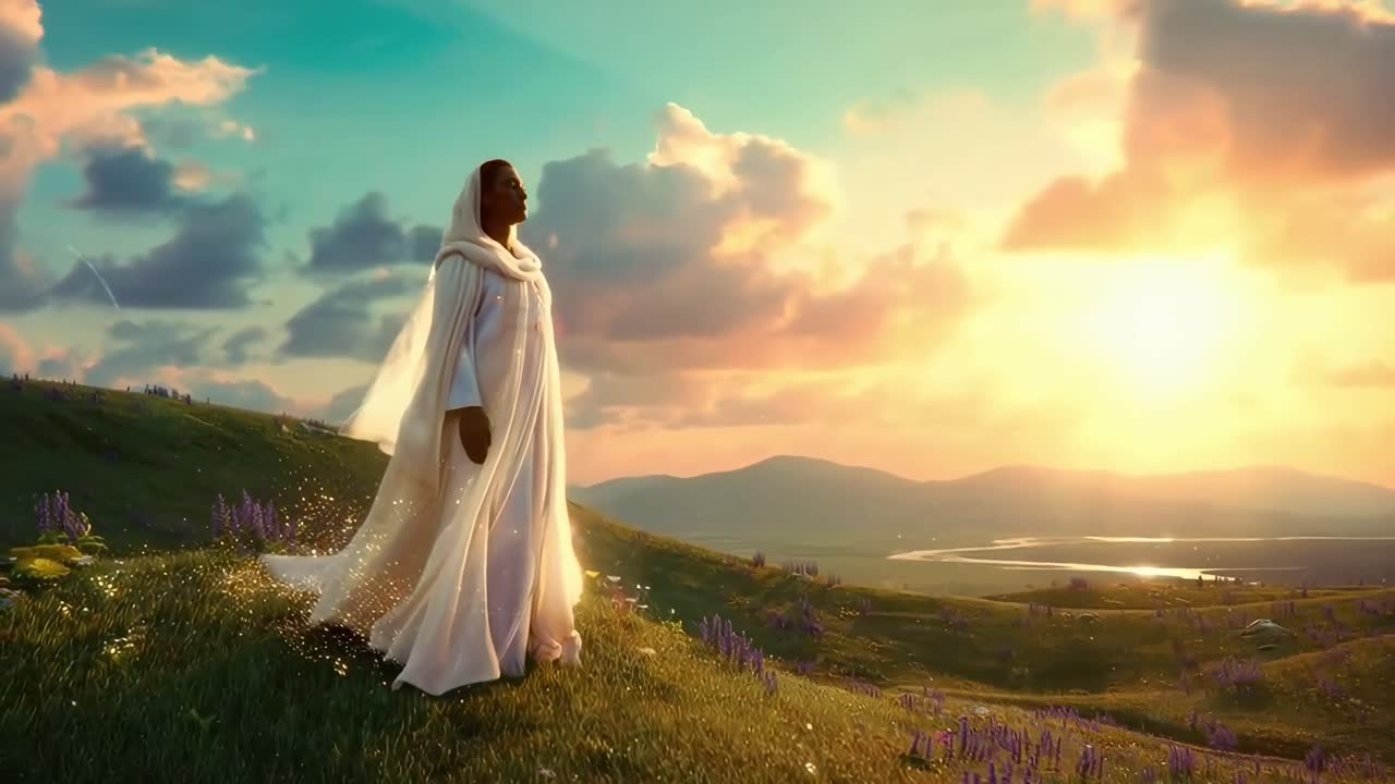 A serene video scene of a robed figure on a hill at sunset, captured from a low angle