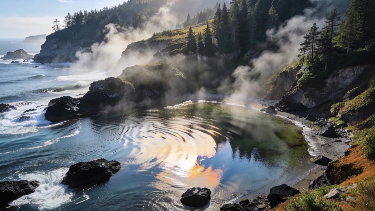 Pozza di marea increspata in una cala rocciosa con le onde dell'oceano che colpiscono le rocce, formando increspature e riflettendo il sole.