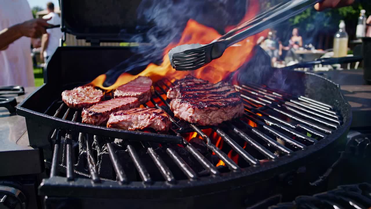 Vivace scena di barbecue in giardino con inquadratura dal basso, che cattura carni sfrigolanti e ospiti allegri