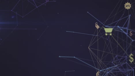 animación de un globo de iconos digitales y una red de conexiones contra un fondo azul.