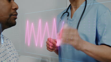animation of cardiograph over biracial female doctor examining her patient