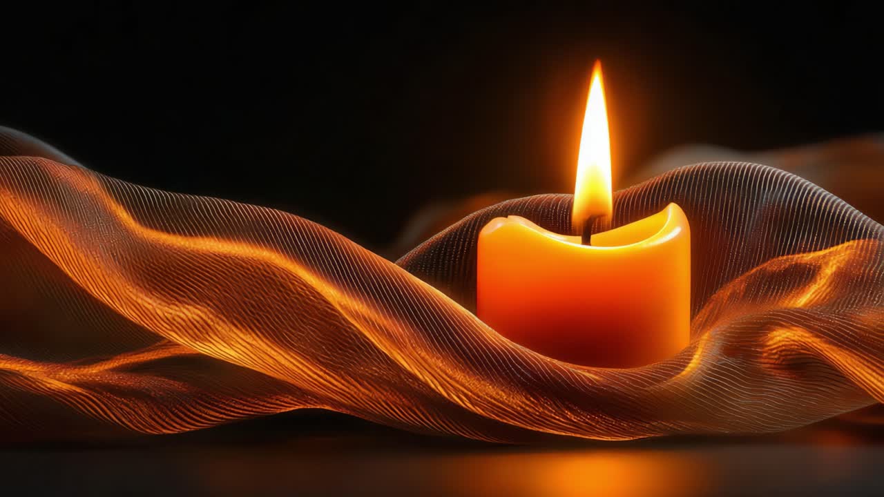 Una candela splendidamente illuminata circondata da tessuti fluttuanti, che crea un'atmosfera calda e tranquilla, perfetta per il relax e la riflessione, con una luce soffusa.