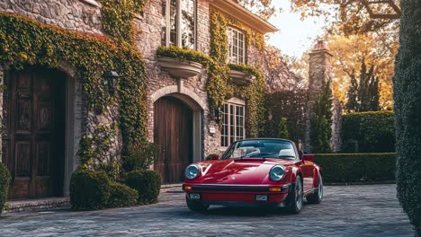 red porsche 911 in front of a beautiful stone house