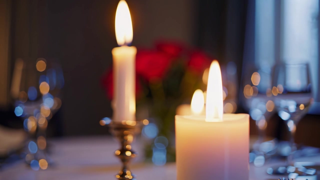 Candele accese su una tavola apparecchiata per una cena romantica
