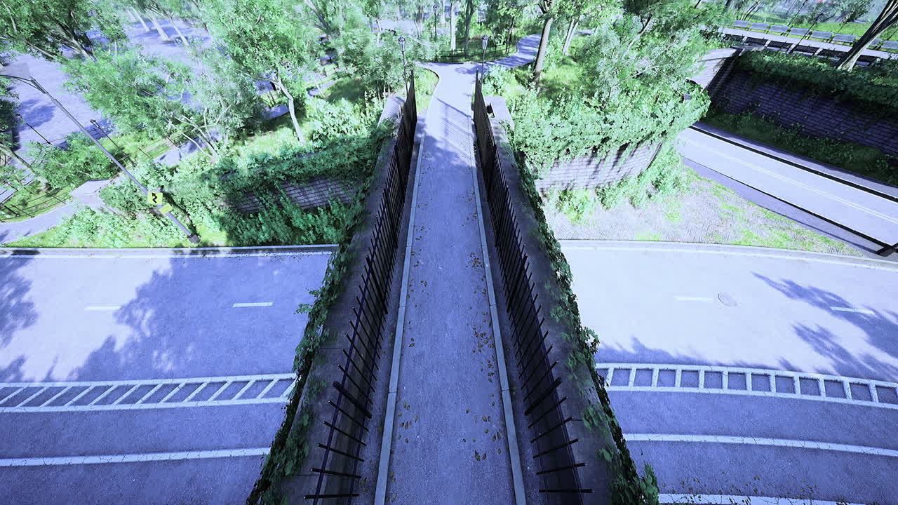Elevated walkway connects pathways through lush green landscape near road