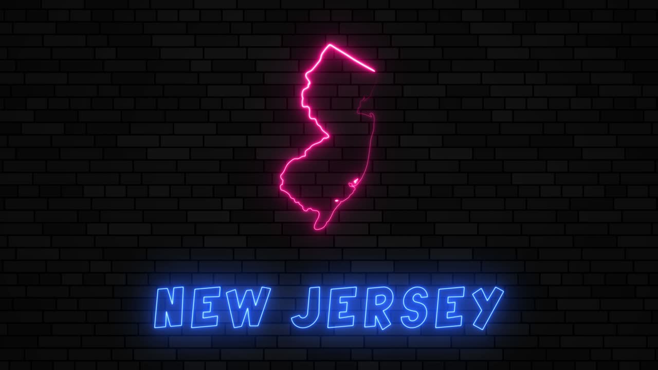 뉴저지 주 지도: 어두운 벽돌 벽 바탕에 네온 선을 가진 실루
