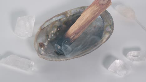 palo santo burning in an abalone shell with clear quartz