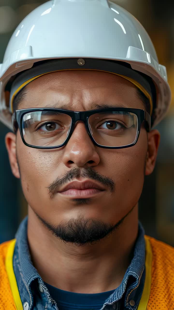 Vertical video: Filming site worker checking then blinking on site wearing hard hat hi-vis vest