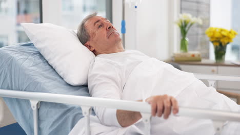 man, cancer and patient in hospital bed thinking