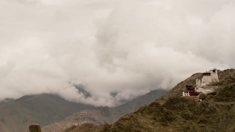 Namgyal-Tsemo,-a-monastery-in-Leh,-Ladakh-surrounded-by-swirling-clouds