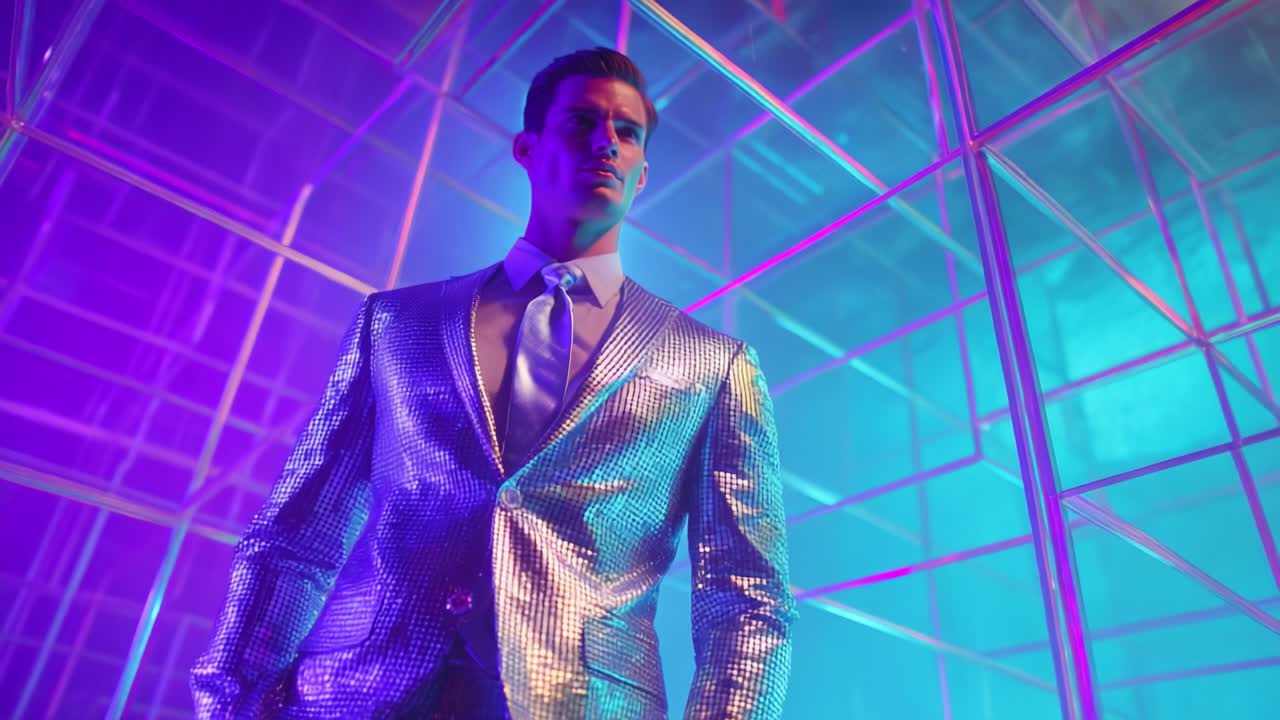 Un personaggio maschile sicuro di sé ed elegante è ritto in modo maestoso in un ambiente illuminato e colorato, mettendo in mostra un abito metallizzato abbagliante, migliorando l'atmosfera con riflessi audaci e tonalità vivaci