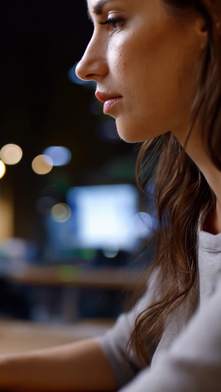 Woman edits video with calm focus at workstation. Soft forest scene displays on monitor during editing. Bokeh lights hint at cozy, modern workspace. Hands move confidently over keyboard and mouse