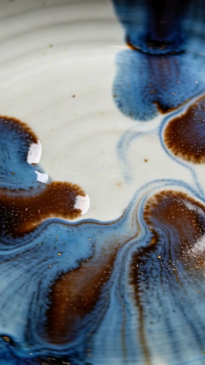 Video verticale: Getto blu che spinge pigmenti blu-marroni su un piatto bianco, con macchie.