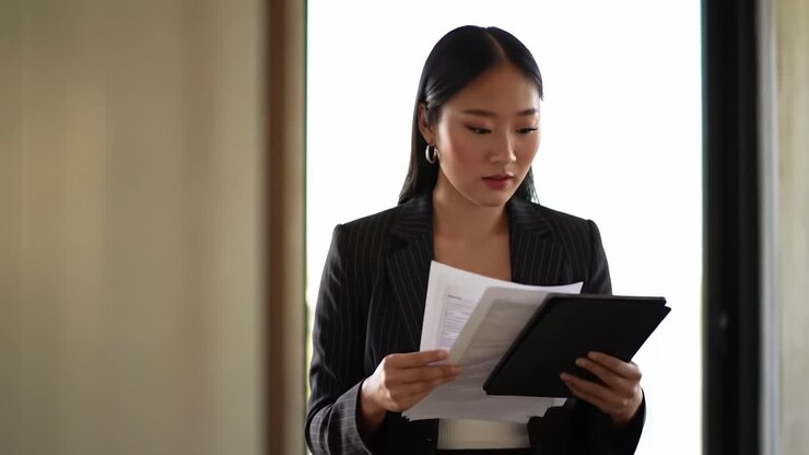 Focused Professional Reviewing Documents - A Confident Individual Engaged in Task While Holding Papers and a Tablet in Modern Office Environment