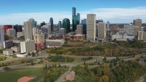 daytime aerial drone view of downtown edmonton and the north saskatchewan river during autumn fall taken from rossdale area