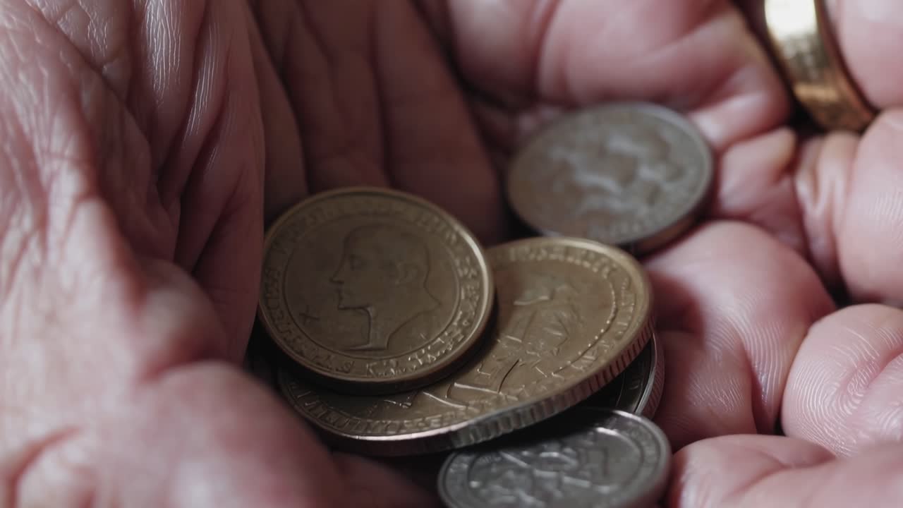 Close up of wrinkled hands holding few coins, symbolizing financial struggles, economic hardship, and the impact of inflation on vulnerable populations