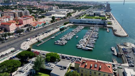 drone shot of a marina in belem in lisbon