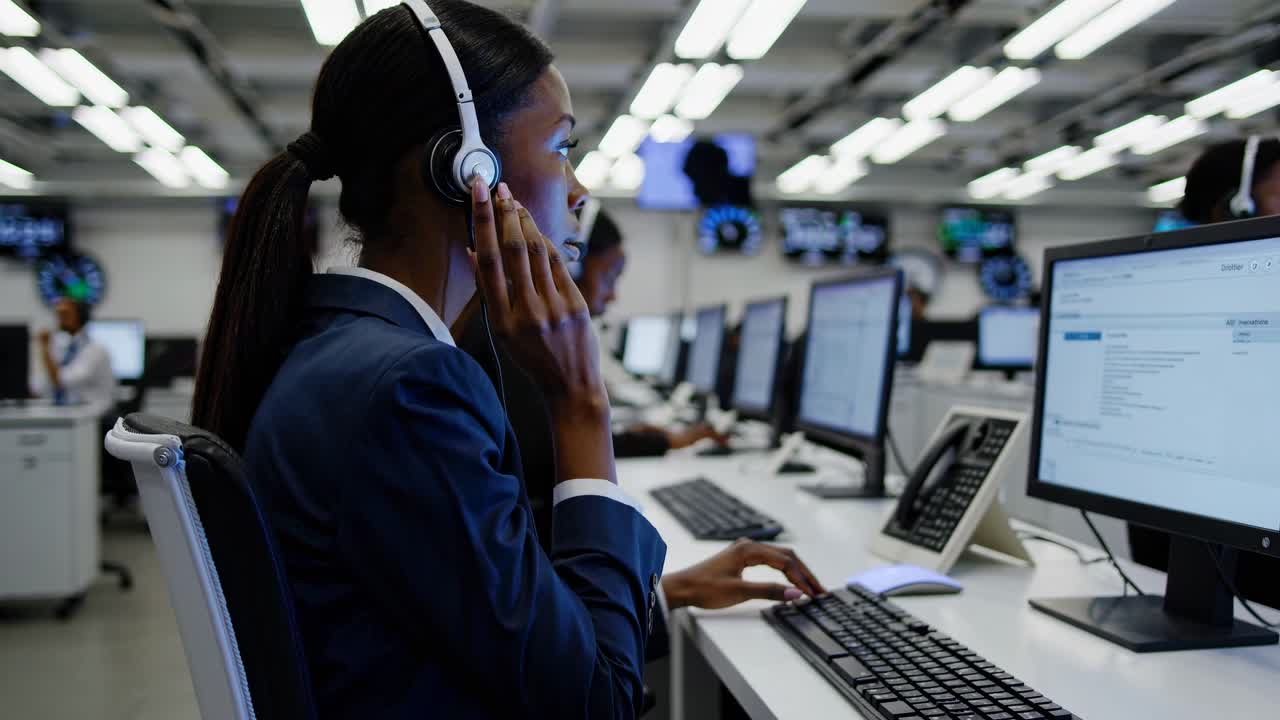 Side angle of a professional woman in a call center, wearing a headset, working on a computer