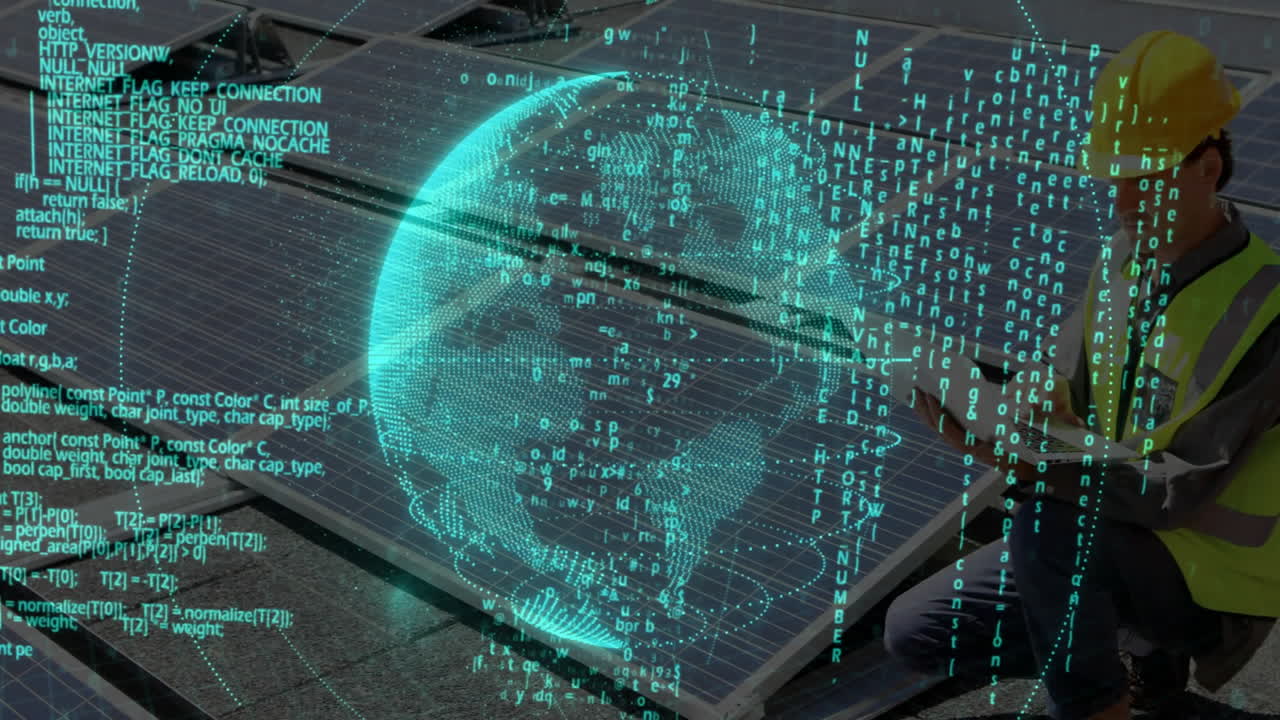 male technician operating laptop beside panels while data globe overlay highlighting solar energy