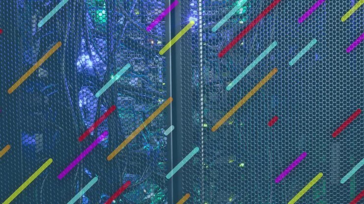 Animation of multiple stripes moving diagonally over computer server