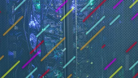 Animation of multiple stripes moving diagonally over computer server