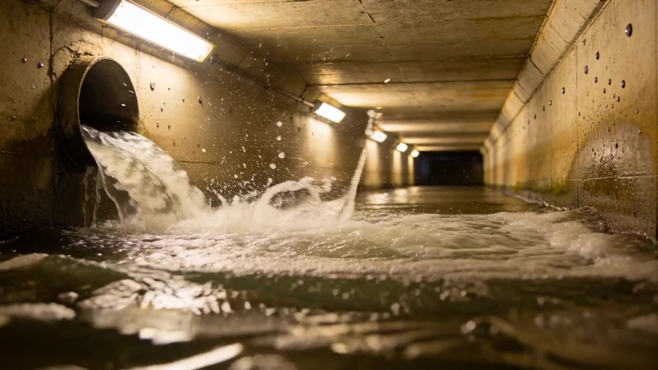 Tubo di scarico circolare che riversa acqua turbolenta a valle in un condotto di cemento, con schiuma.