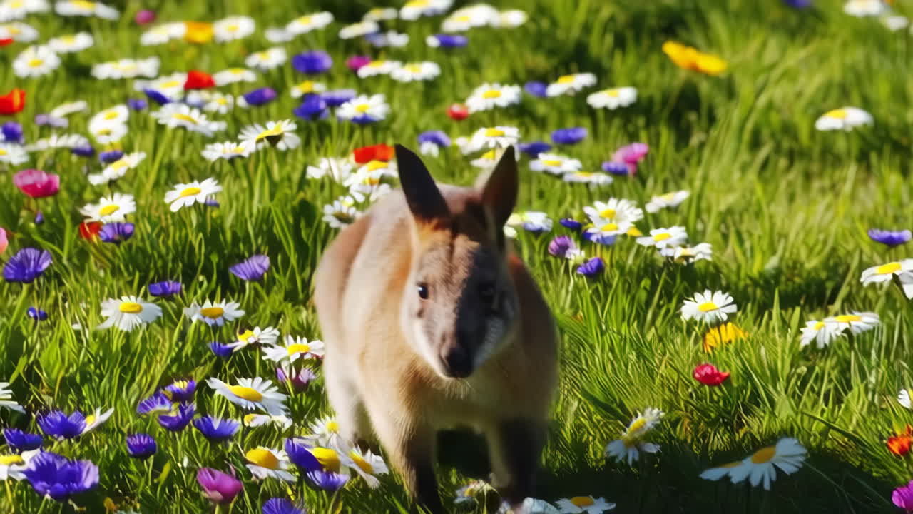 Kangaroo in a Colorful Flower Meadow