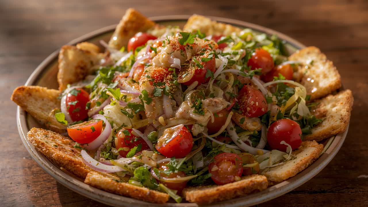 Shot starting moving camera capturing salad on plate, showing glossy dressing and toast wedges