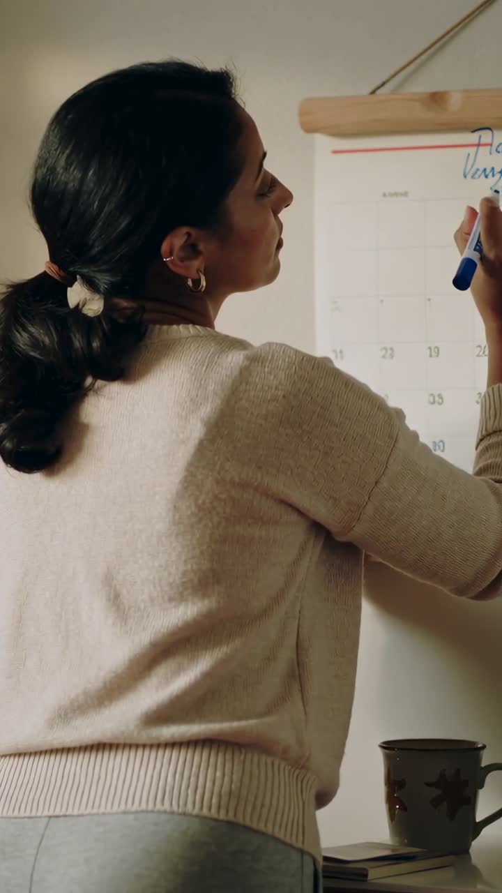 Video verticale: Donna in top beige che controlla un fascicolo e segna il calendario con un pennarello blu in un angolo, mentre pianifica.