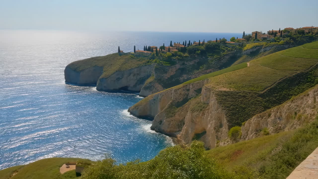 Coastal Cliffs and Village Overlooking the Blue Sea