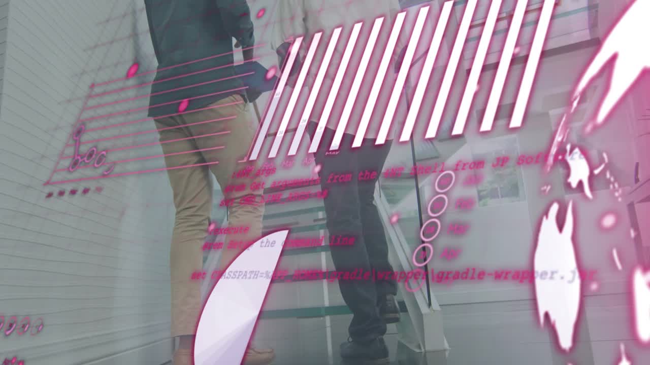 Colleagues walking starting pink technology visuals climbing glass staircase while visuals fading