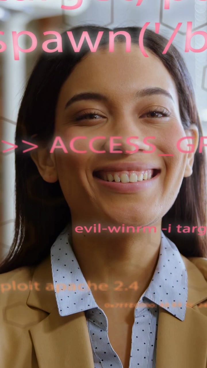 Vertical video: Woman shifting calm?smile?laugh?calm, pink code hex on face scrolling on IT success