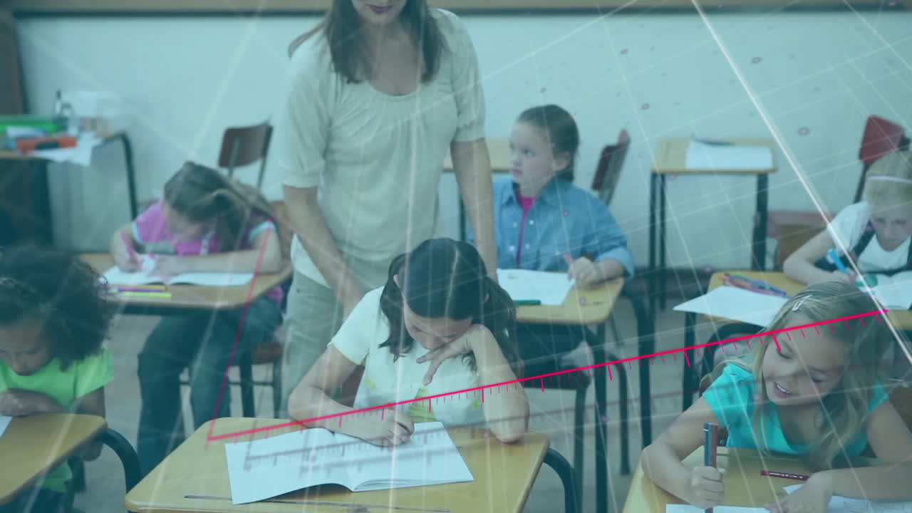 animación del procesamiento de datos financieros sobre diversos escolares y maestras