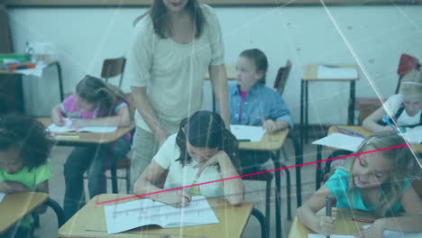 animation of financial data processing over diverse schoolchildren and female teacher