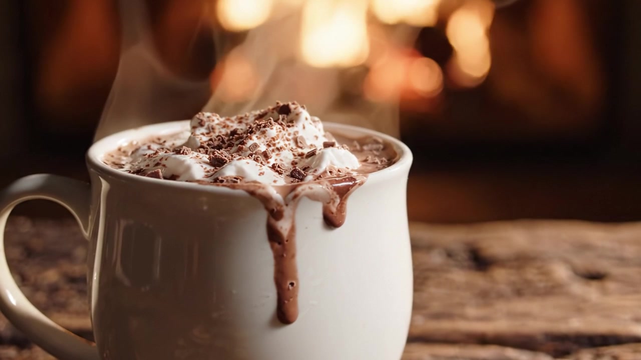 Delicioso chocolate caliente con crema batida y virutas de chocolate: una bebida acogedora junto a la chimenea para una experiencia cálida y reconfortante.