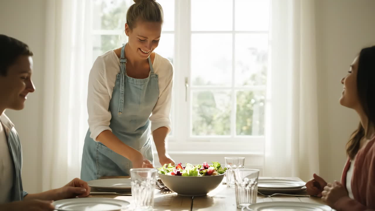A woman serving salad to people at a dining table