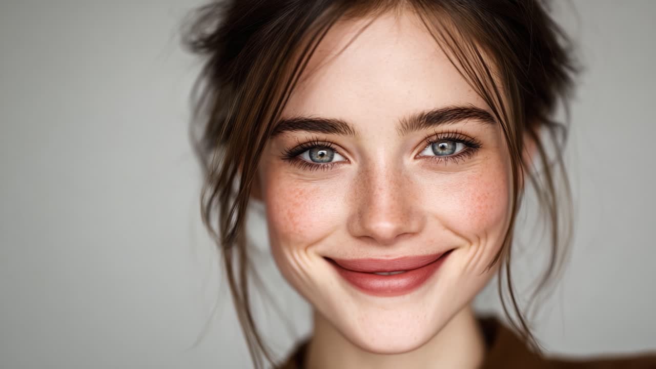 Una Bella Donna con Lentiggini Sorride Luminosamente, Mostrando Bellezza Naturale e Radiosità in un'Espressione Semplice ma Accattivante su uno Sfondo Morbido.